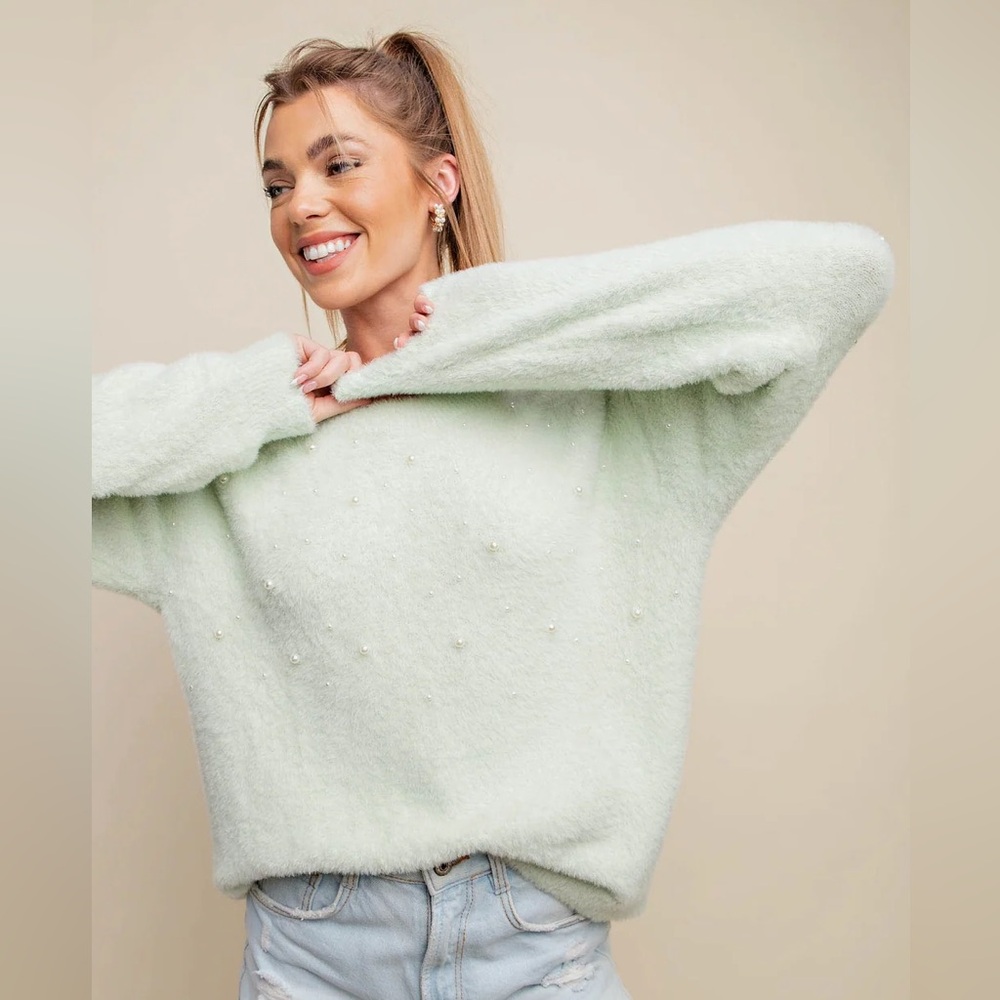 Kori Light Green/Mint Crew Neck Sweater with Pearls